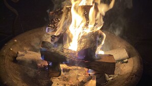 Ein Lagerfeuer mit Baumstämmen und glühenden Kohlen, umgeben von einem runden Metall-Feuerkorb.