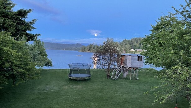 A grassy area with a trampoline and a wooden structure with a ladder, overlooking a lake with a clear sky and a visible moon. - New 1 bedroom Sooke oceanfront guest suite  (Sooke)