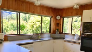 Uma cozinha com paredes de madeira, uma pia, um relógio e amplas janelas com vista para uma floresta.