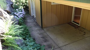 A covered patio area with a concrete floor, surrounded by plants and a wooden structure. - Easy freeway access, 1.5 miles to Hayward Field (Eugene)