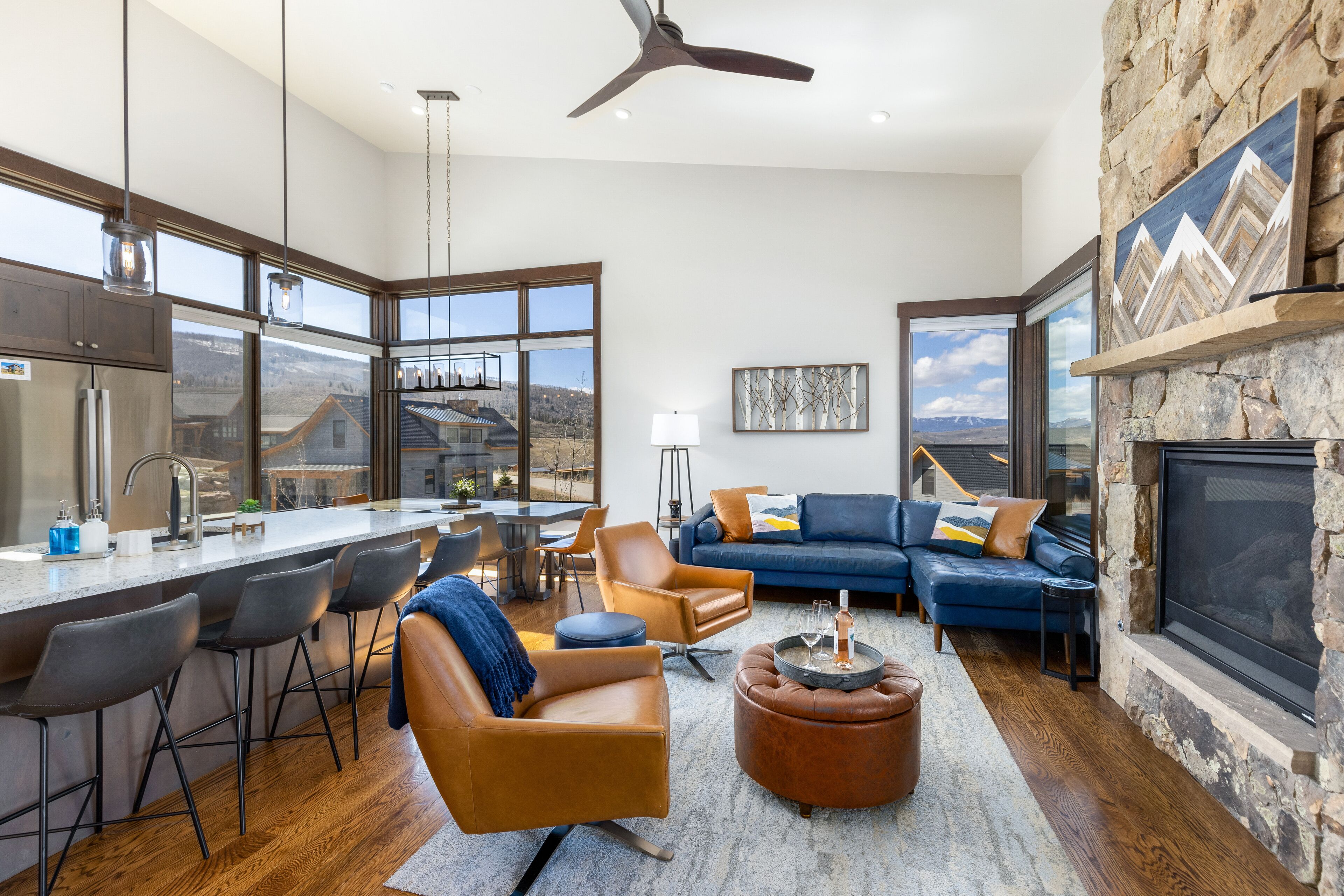 Smart TV, fireplace, books, stereo