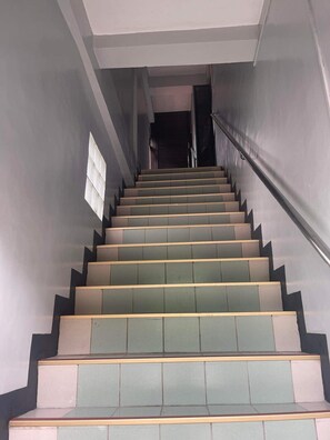 Stairs lead to a doorway at the top, flanked by a handrail and a window with a grid pattern.
