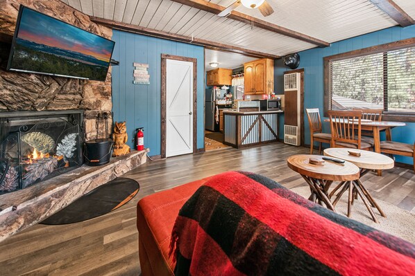 TV connectée, cheminée, lecteur de DVD