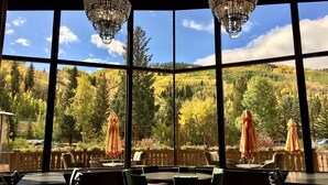 Un restaurant doté de grandes fenêtres donnant sur une colline boisée.