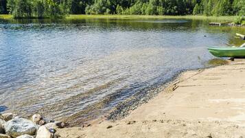 Un lago tranquillo con una spiaggia sabbiosa, circondato da una fitta foresta.