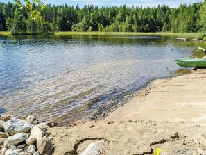 Un lac paisible aux rives sablonneuses, entouré d’une forêt dense.