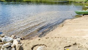 A lakeside view with a sandy beach, a green boat, and a forest in the background.