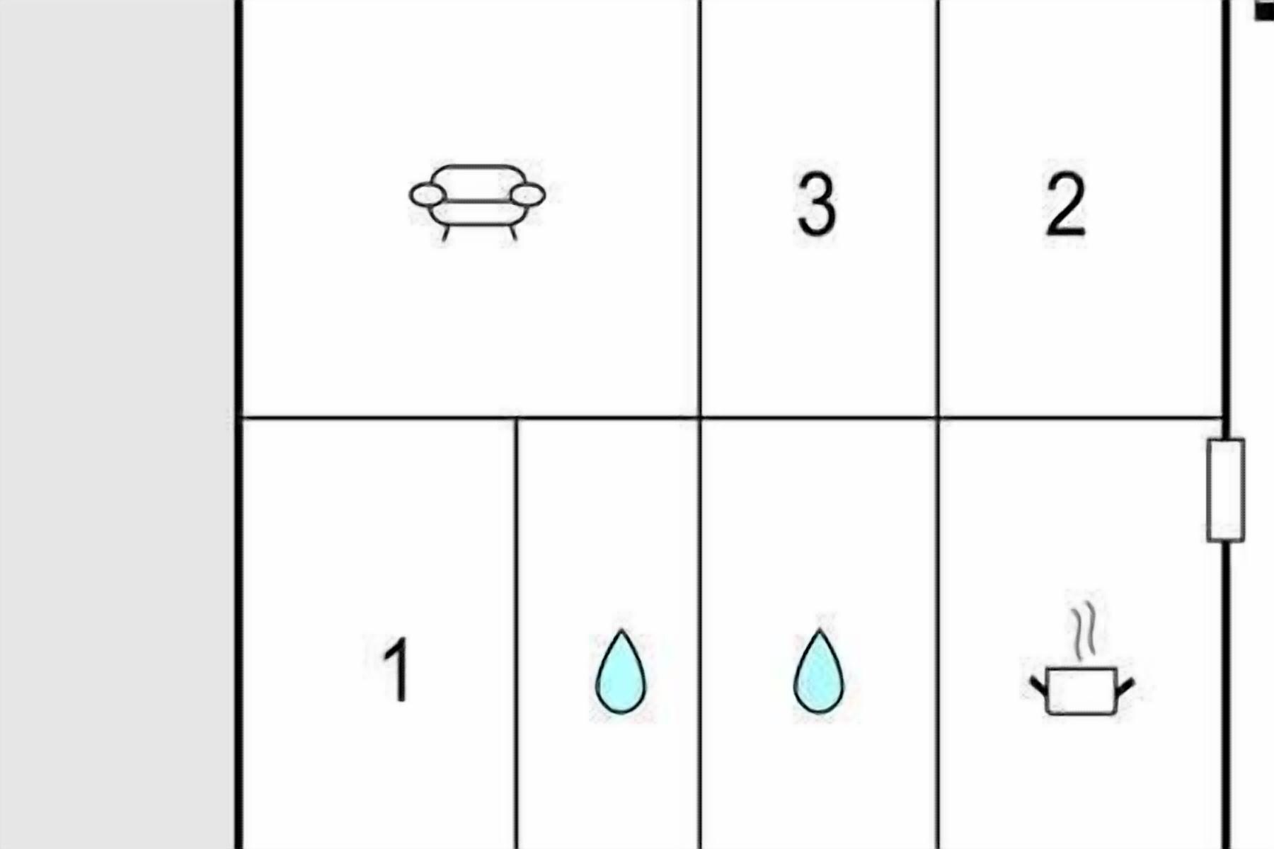Un plan d’aménagement d’une pièce comprenant des zones numérotées, un canapé, un jacuzzi et un évier.