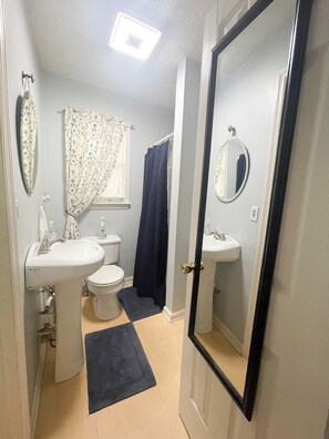 Hair dryer, towels, soap, shampoo