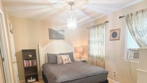 Une chambre à coucher avec un lit, une bibliothèque, une lampe et un ventilateur de plafond.