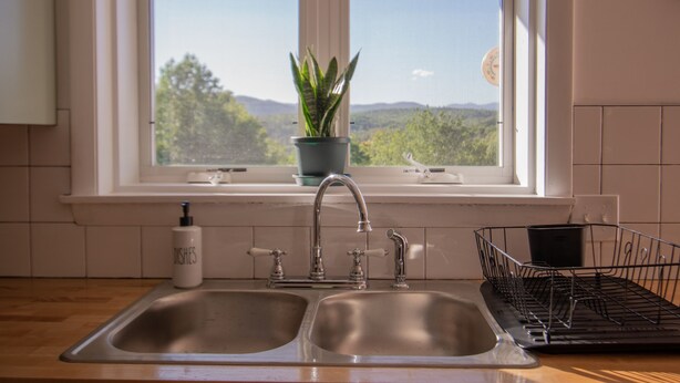 A kitchen with a double sink, a potted plant on the windowsill, and a dish soap bottle. - Amazing View, Walk to lake, very Central, borders state park. NEWLY RENOVATED! (Waterbury Center)