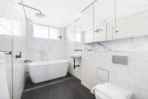 Bathtub, hair dryer, towels