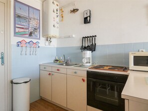 Een magnetron, een oven, een kookplaat, een vaatwasser