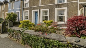 Un hilera de casas escalonadas con fachadas de piedra, una puerta azul y un jardín con diversas plantas y un banco.