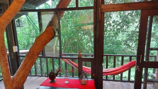 A wooden deck with a red table, a teapot, and a glass.