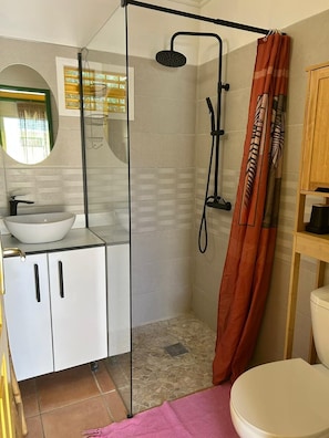A bathroom with a glass shower enclosure, a white sink, and a toilet.