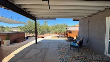 A covered patio area with a concrete floor, a patterned rug, a seating area with a chair and a sofa, and a large planter with a cactus.