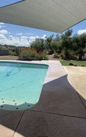 A swimming pool with a clear blue water surface, surrounded by a concrete deck and a shaded area.