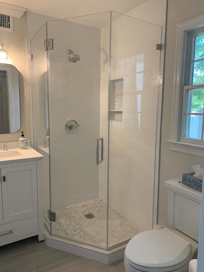 Bathtub, hair dryer, towels, soap