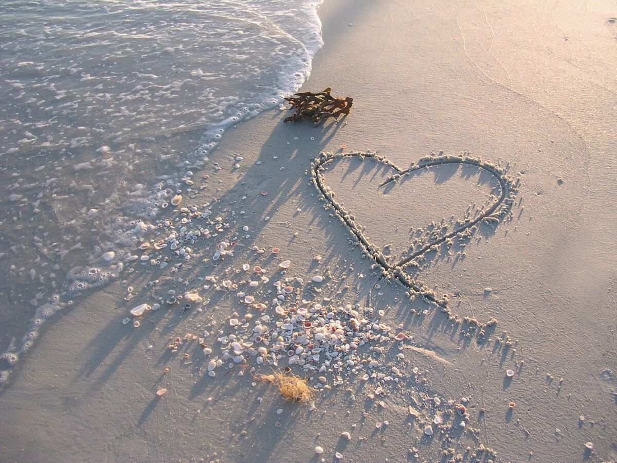 A heart-shaped sand drawing on a beach with scattered shells and driftwood.