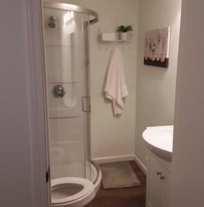 Douche, sèche-cheveux, serviettes fournies, savon