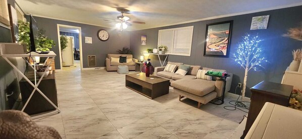 Smart TV, fireplace, books, stereo