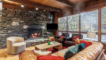 Smart TV, chimenea, libros, biblioteca de música