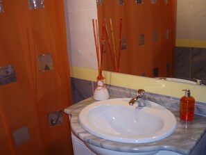 Combined shower/bathtub, hair dryer, bidet, towels