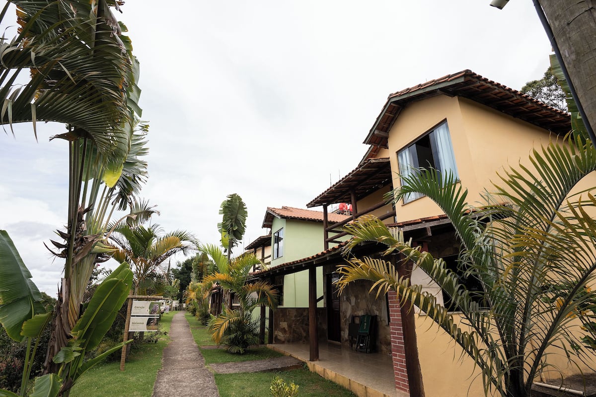 Uma trilha leva a um edifício com telhado telhado, cercado por plantas tropicais.