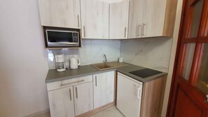 Fridge, microwave, stovetop, electric kettle