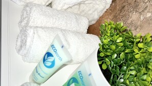 Un ensemble de serviettes blanches soigneusement disposées, une petite plante en pot et deux bouteilles de savon ECOearth.