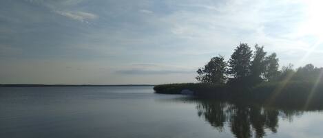 Un lago tranquilo con una pequeña isla de vegetación y árboles.