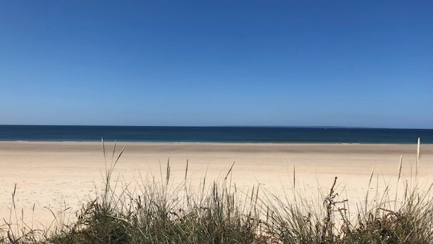 Uma praia com céu claro e águas calmas.