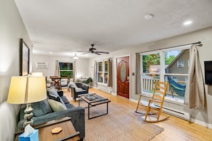 Smart TV, fireplace, DVD player, books