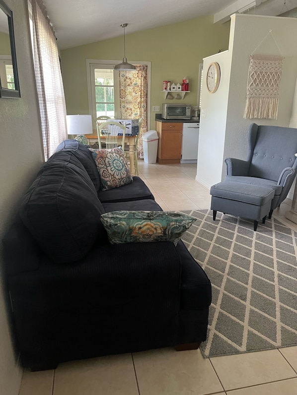 A living room with a sofa, a chair, a dining table, and a kitchen area in the background.