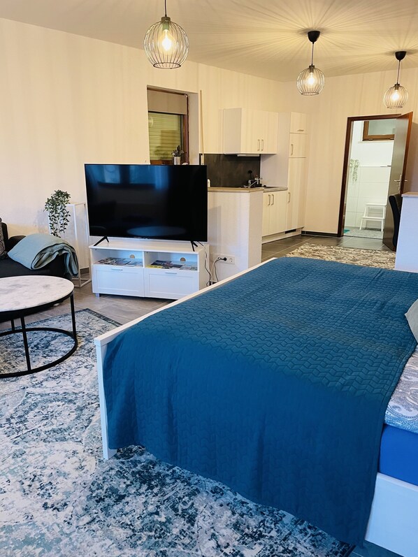 A modern bedroom with a large bed, a flat-screen TV, a dining table, and a kitchenette.