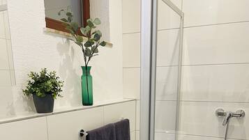 Dusche, Haartrockner, Handtücher, Seife