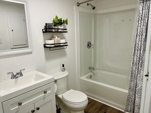 Bathtub, hair dryer, towels, soap