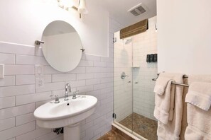 Shower, hair dryer, shampoo