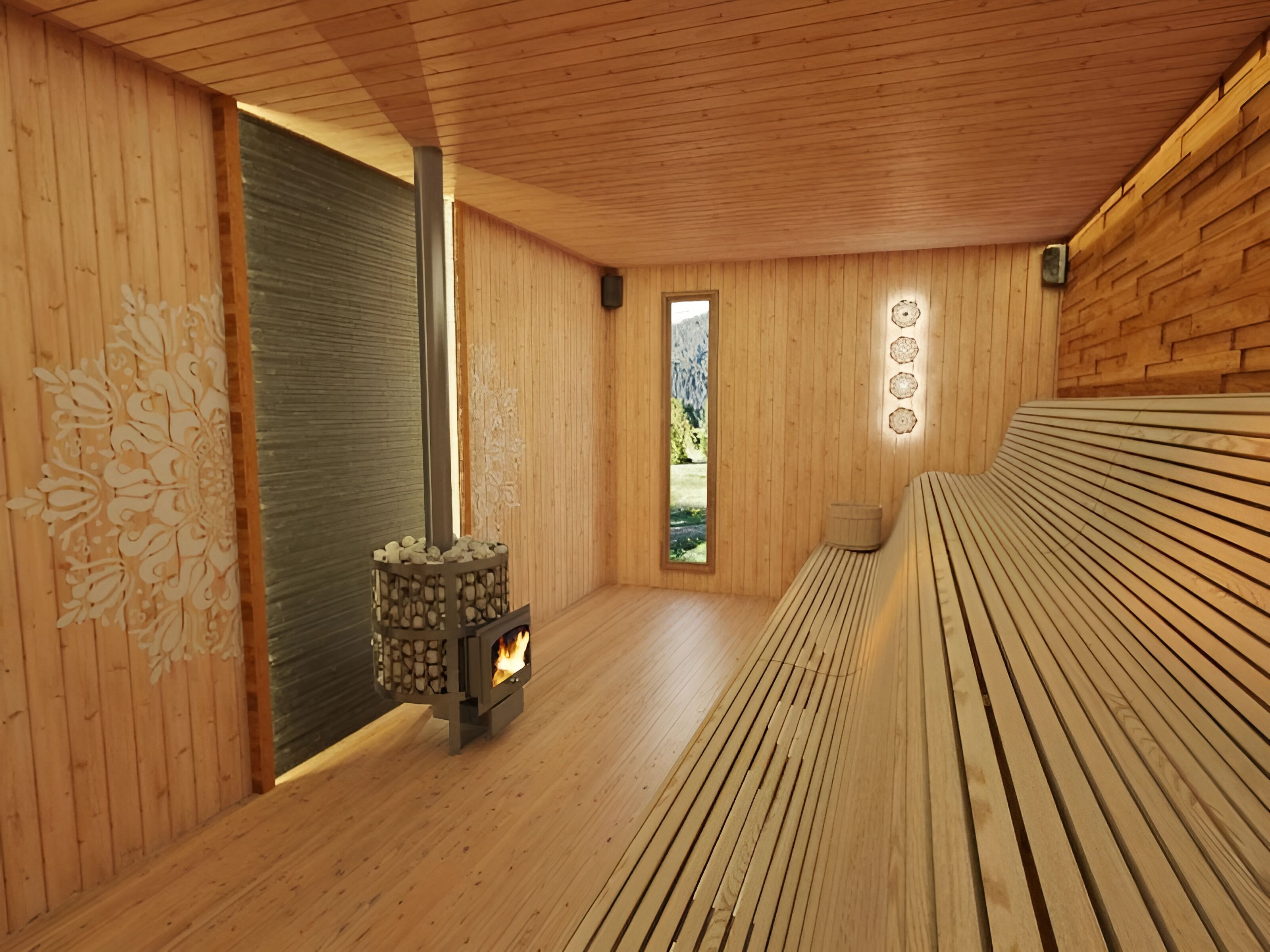 Un sauna en bois, doté d’un banc, d’un foyer et d’une fenêtre offrant une vue sur la verdure.