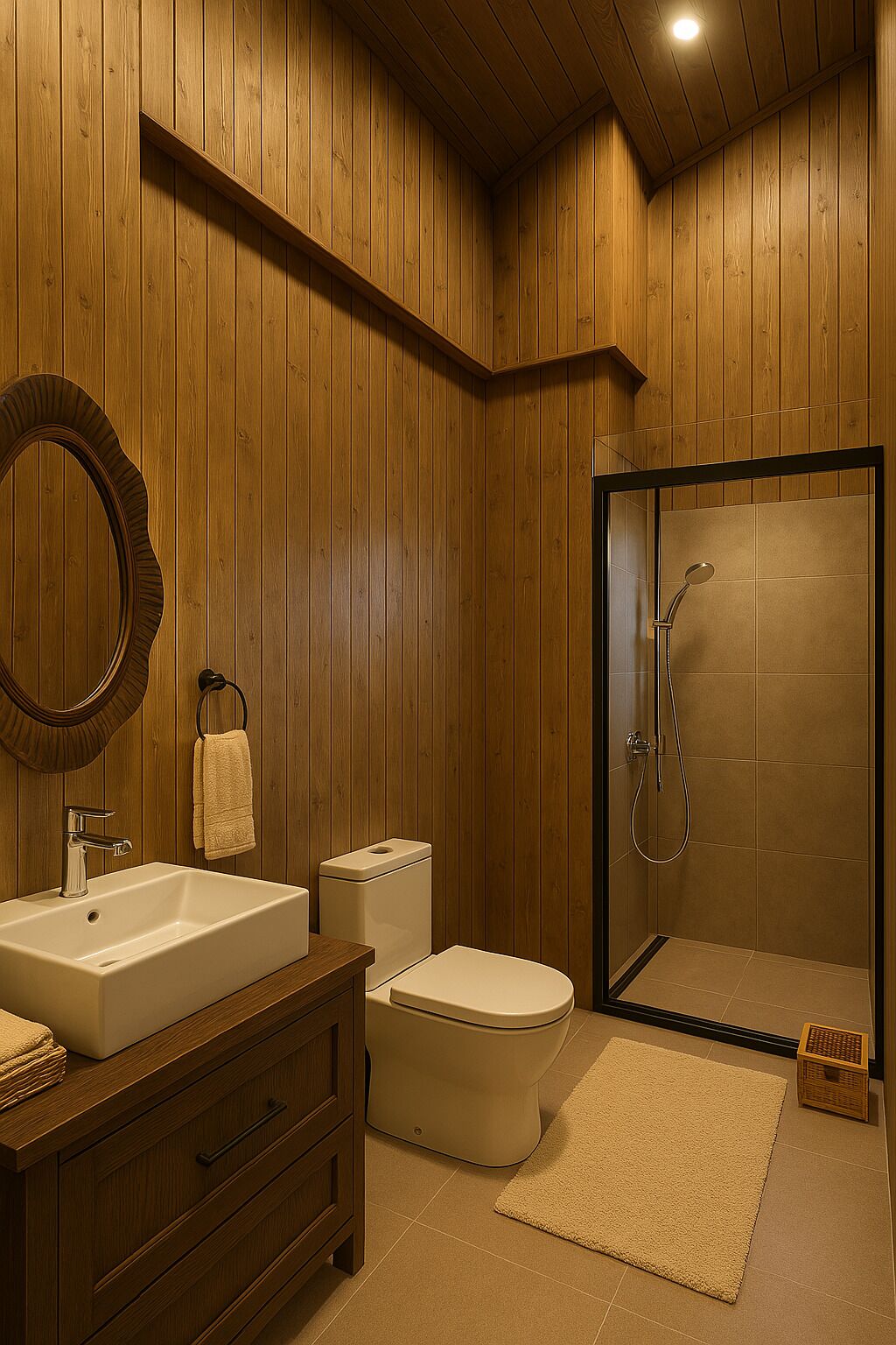 A wooden-paneled bathroom with a large sink, toilet, and walk-in shower.