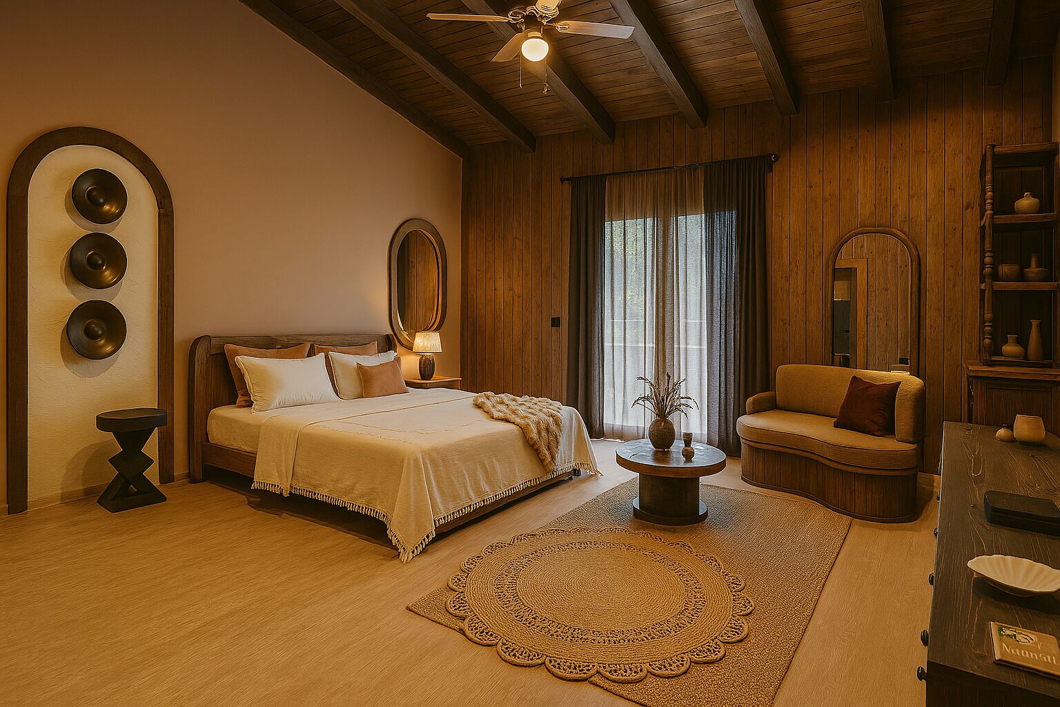 Um quarto aconchegante com cama, sofá, mesa de centro e estante.