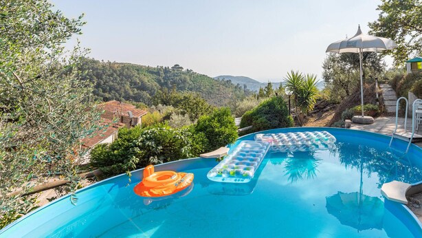 Una piscina con flotadores inflables, rodeada de vegetación y vistas a colinas.