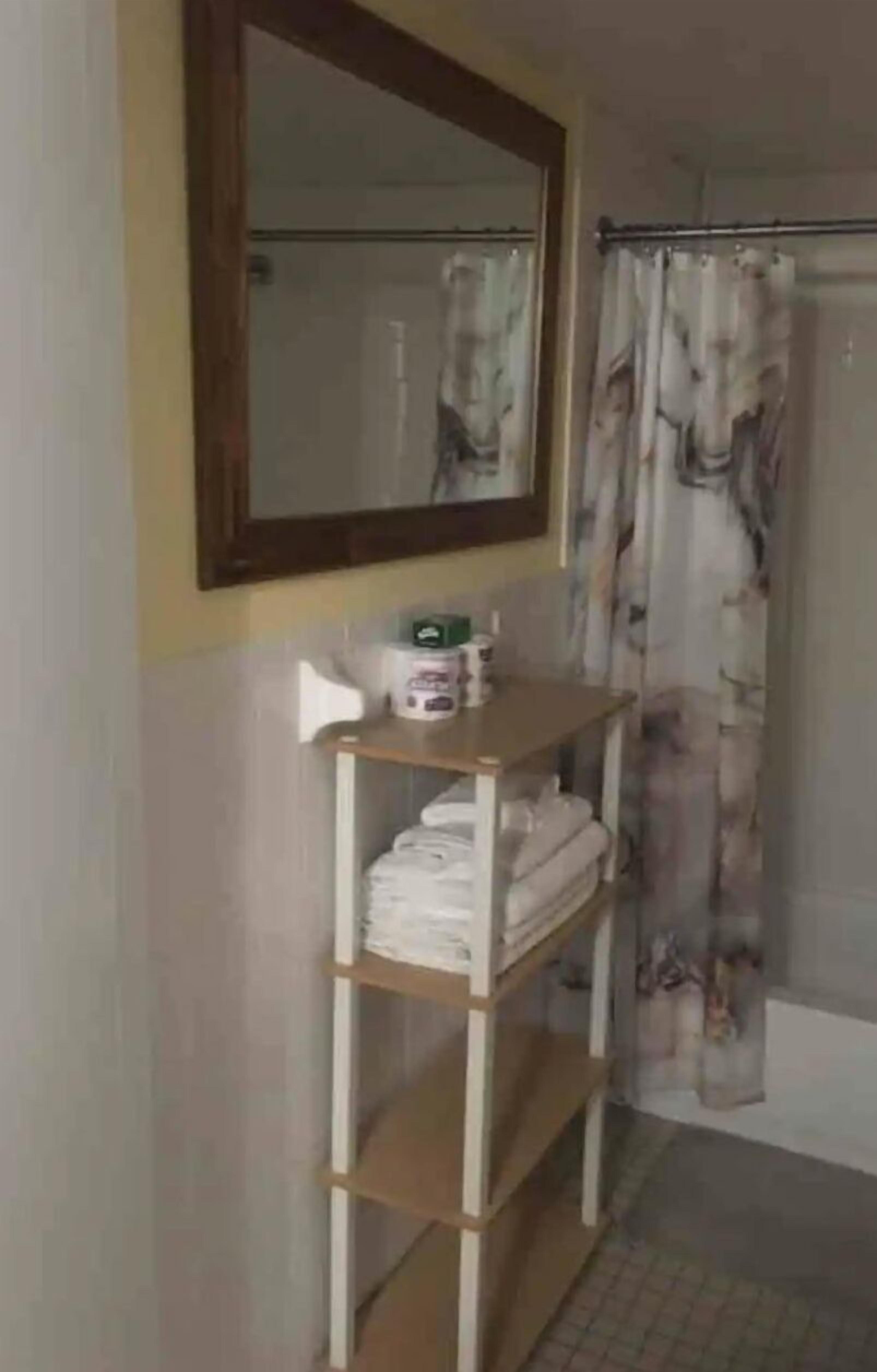 Hair dryer, towels, soap, shampoo