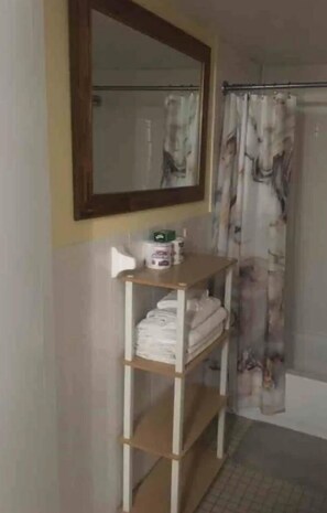Hair dryer, towels, soap, shampoo