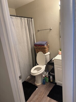Bathtub, hair dryer, towels, soap