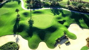 An aerial view of a golf course with sand bunkers, palm trees, and a well-maintained green.