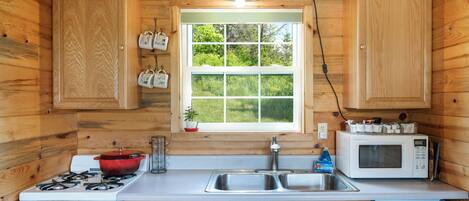 Cocina compacta con paredes de madera, una ventana, estufa, lavabo y microondas.