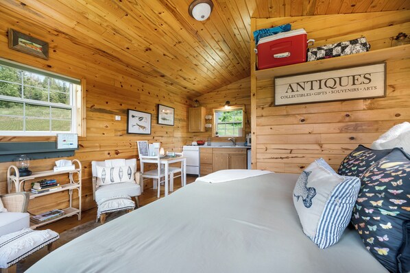 A cozy cabin with a bed, a desk, and a kitchen area.
