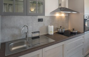 Fridge, stovetop, dishwasher, coffee/tea maker